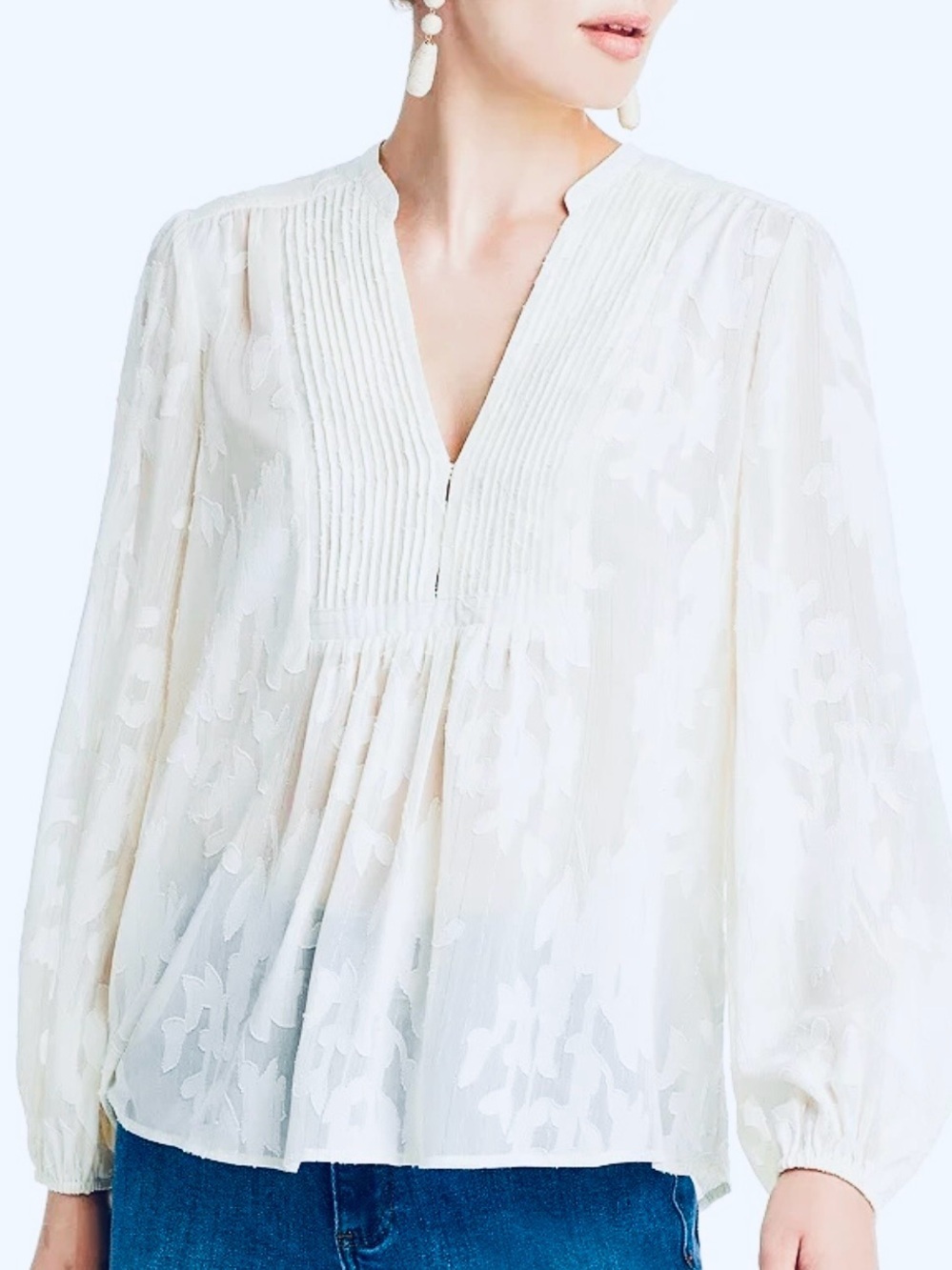 NO BRAND White Romantic Floral Lined Sheer Blouse